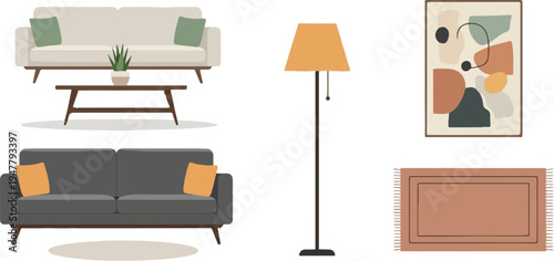 Modern living room furniture and decor in a minimalist flat design