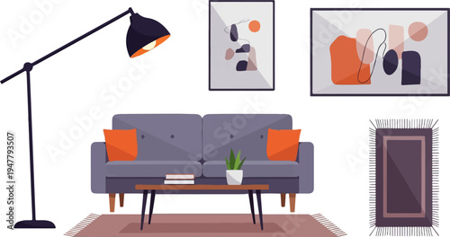 Modern living room with gray sofa, orange accents, and abstract art
