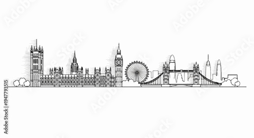 Pen and ink sketch of the London skyline with iconic buildings and landmarks