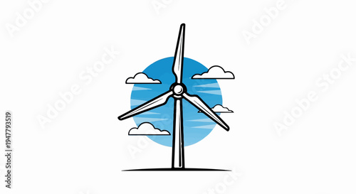 Stylized wind turbine with blades spinning against a blue sky