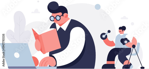 People engaged in activities like reading, using laptop, and exercising