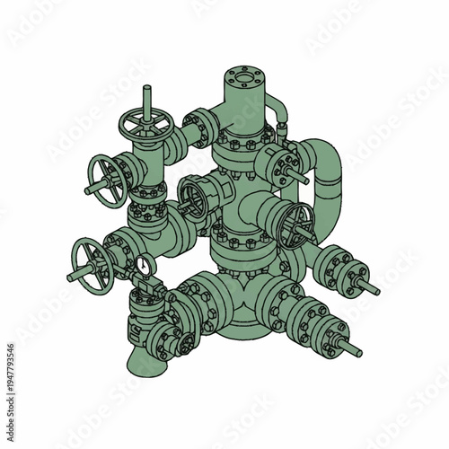 A complex industrial manifold system with multiple valves and pipes, designed for fluid control and distribution in a manufacturing or processing environment.
