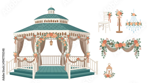 Minimalist Event Pavilion Vector Set Clean Line Wedding Gazebo and Garden Pergola Illustrations