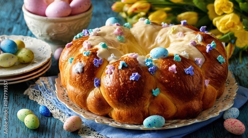 Festive braided Easter bread with icing and pastel candy decorations surrounded by colorful eggs and spring flowers on a rustic blue table,