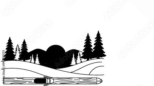 Stylized winter landscape with pine trees, hills, and a ski
