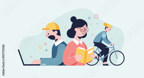 People engaged in various activities working on a laptop, reading, and cycling