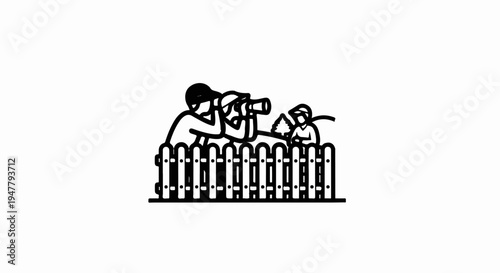 Two figures, one with camera, behind a fence, one holding a plant