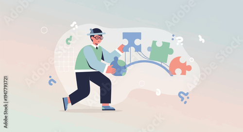 Person assembling a puzzle with globe-like piece and question marks