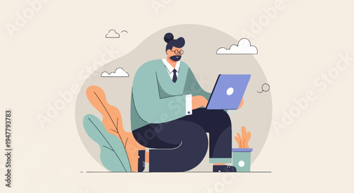 Man in casual attire working on a laptop amidst stylized plants and clouds