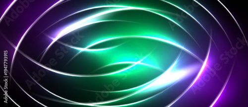 Bright neon lines form circular patterns. Vivid green center radiates outward, surrounded by purple glow. Dynamic energy visible.