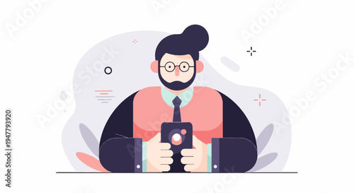 Man in glasses and tie holds smartphone, minimalist illustration with abstract shapes