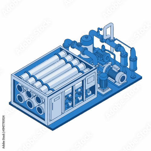 Isometric illustration of a compact industrial water treatment system with multiple membrane filtration modules and associated pumps and piping.