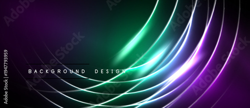 Abstract background features vibrant curves, gradients. Purple, green hues dominate dark space. Modern design element.