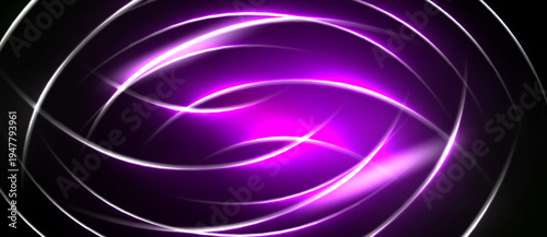 Abstract design features swirling lines, bright purple glow, dark background. Modern, dynamic composition creates visual interest.
