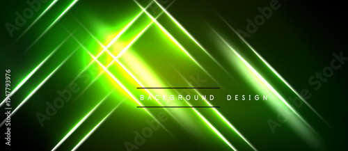 Abstract green lines create dynamic futuristic design. Bright glow emanates from central point, dark background enhances visual impact.
