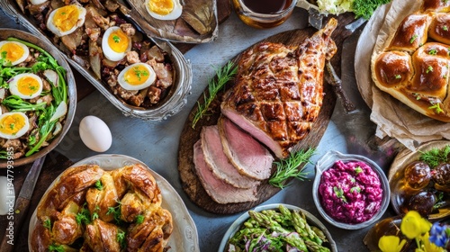 Festive holiday table with roasted ham, eggs, salads, bread rolls and colorful side dishes arranged for a family celebration meal,