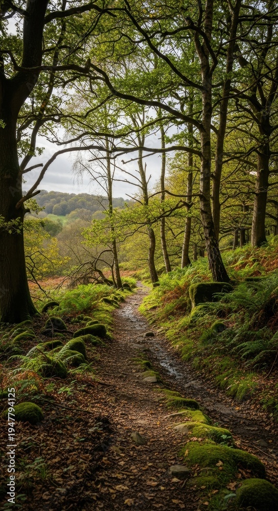 Fototapeta premium Sunlit Path Through a Lush Green Forest Landscape.