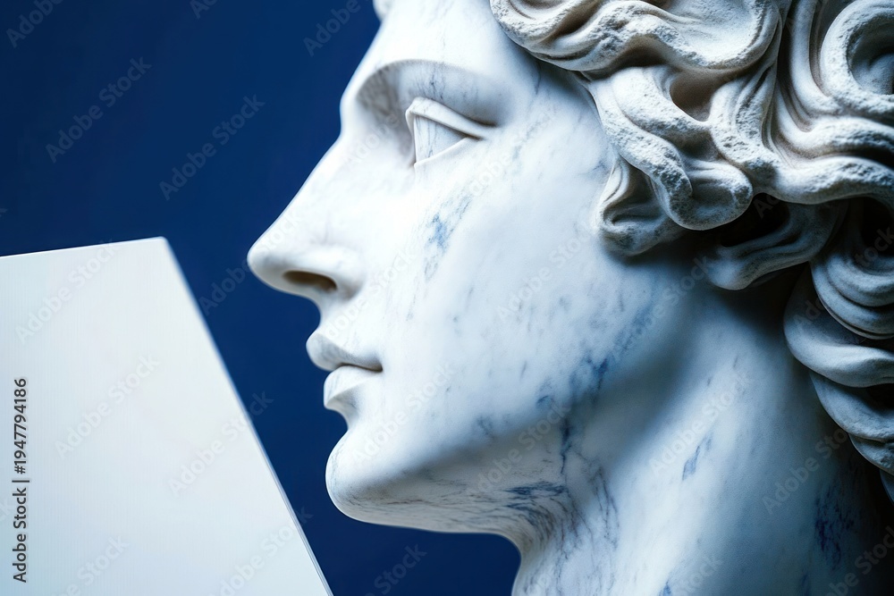 Naklejka premium close-up of classical marble bust in profile holding a white rectangular tablet against a deep blue background, detailed carved curls and a serene contemplative expression