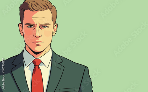 A man is dressed in a dark suit and red tie. He stands still, looking directly at the viewer with a serious face.