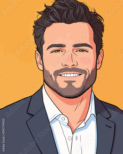 A man is smiling in a suit against a yellow background. He appears confident and engaged in a light moment.