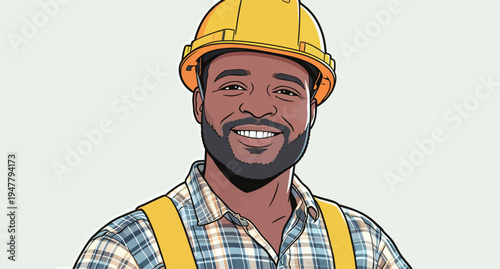 A construction worker stands with a smile while wearing a yellow hard hat and safety vest on a job site during the day.