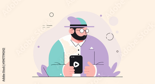 Man in hat and glasses holds phone with play button, stylized