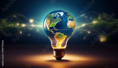 glowing lightbulb contains a miniature earth symbolizing global innovation and sustainable energy solutions