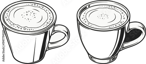 Two hand-drawn coffee cups filled with frothy beverages, illustrated