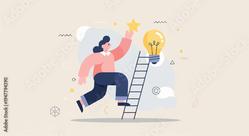 Person climbing ladder to reach star and lightbulb for innovation