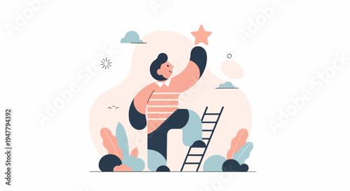 Person climbing ladder to reach star amidst stylized plants and clouds