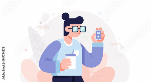 Person holding a drink and a mobile phone, surrounded by soft shapes