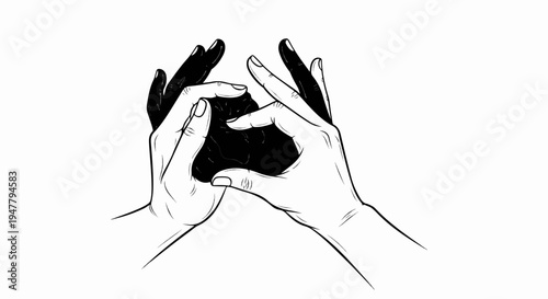 Two hands cupping a dark, textured object in a black and white illustration