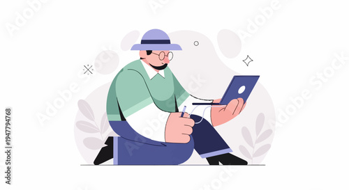 Man in hat using laptop and pen, seated amidst abstract shapes and leaves