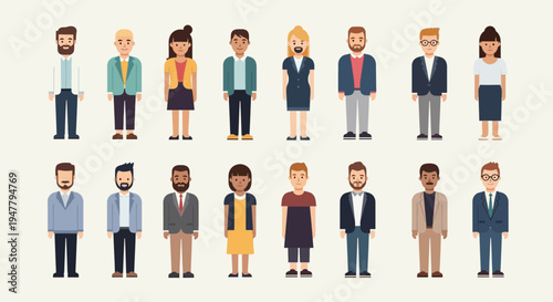Minimalist flat vector illustration set of diverse people characters arranged in two neat rows.