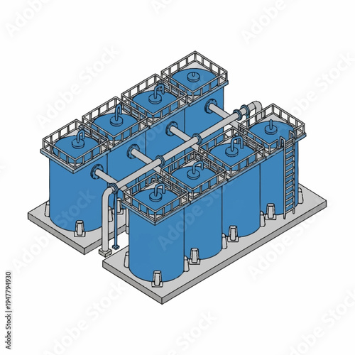 Isometric illustration of an industrial water treatment plant with blue tanks.