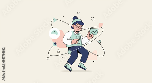Person holding smartphone and chart, surrounded by abstract shapes