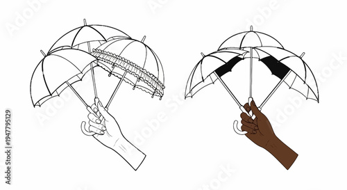 Two hands hold open umbrellas, one with lace, one with black panels