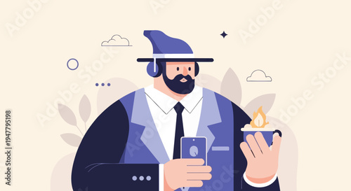 Man in suit and hat with headphones, holding phone and a cup with flame