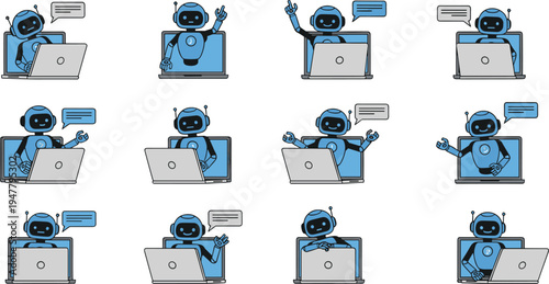 Robot Customer Support Icons Set with Laptop, Chat Bubbles, and Virtual Assistance for Online Services and Tech Communication