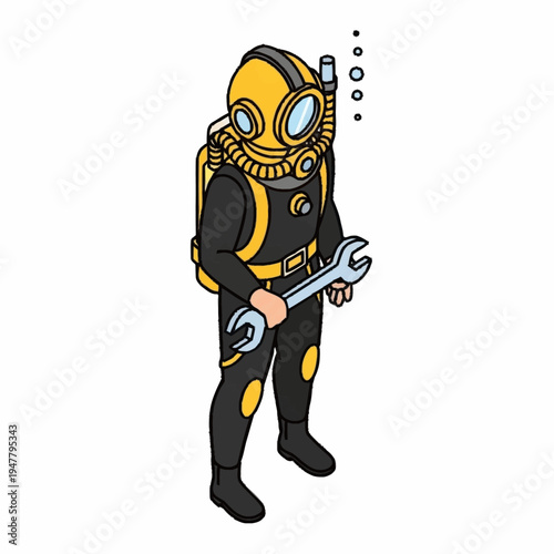 Isometric illustration of a diver holding a wrench, wearing a yellow helmet and black suit.