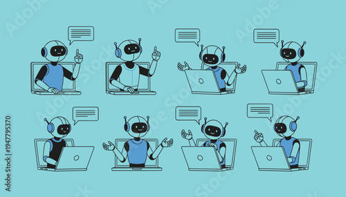 Robot Customer Support Set with Chat Bubbles, Laptop, and Headphones for Tech Support, Online Assistance, and Digital Communication Services