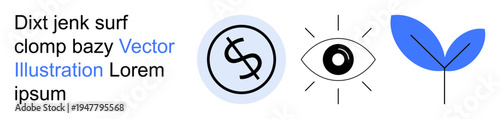 Financial planning, creativity, eco-friendly concepts, digital assets, vision, sustainability. Dollar sign, eye and minimalist leaf symbols in blue and black. Financial planning and creativity