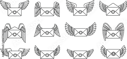 Winged Envelope Icon Set with Seals for Mail, Messaging, and Communication Design