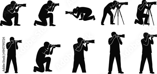 Photographer Shooting with Camera and Tripod Icon Set in Various Poses and Angles for Photography, Media, and Creative Design