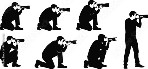  Photographer Shooting with Camera Icon Set in Various Poses and Angles for Photography, Creative, and Media Design
