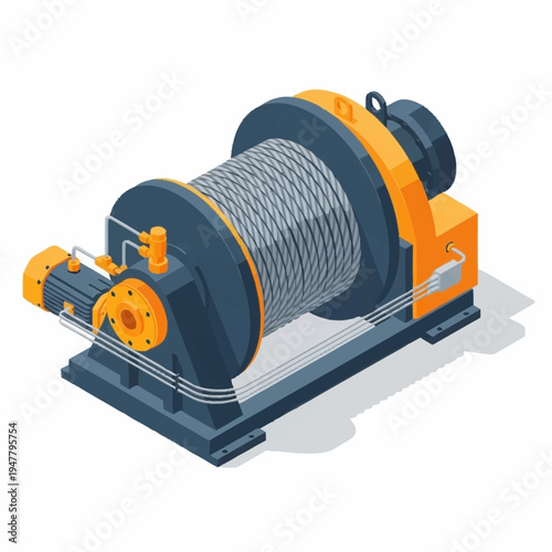 Isometric illustration of a heavy-duty industrial electric winch with a thick steel cable wound around its drum, mounted on a sturdy base.