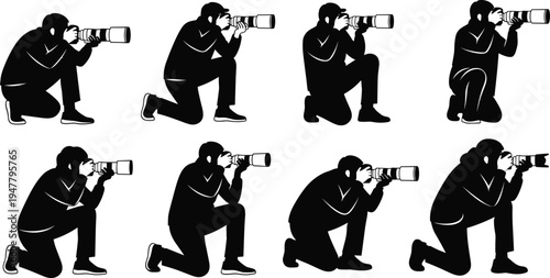 Photographer Taking Pictures Icon Set with Camera, Kneeling, and Shooting Angles for Photography, Media, and Creative Design