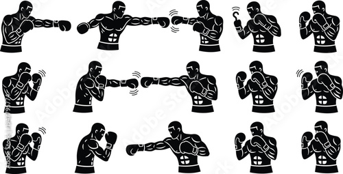 Boxing Fighter Action Icon Set with Punches, Blocks, and Defensive Movements for Sports, Fitness, and Health Design
