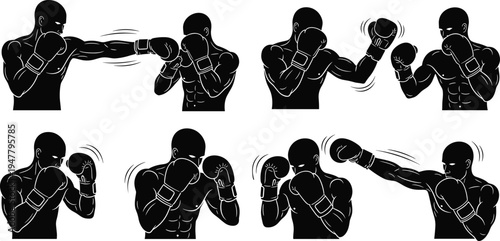 Boxing Action Pose Icon Set with Punching, Defense, and Fighting Movements for Sports, Fitness, and Health Design
