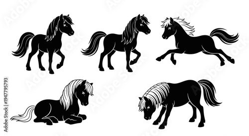 Set of Black Horse Silhouettes in Various Poses - Vector Illustration
